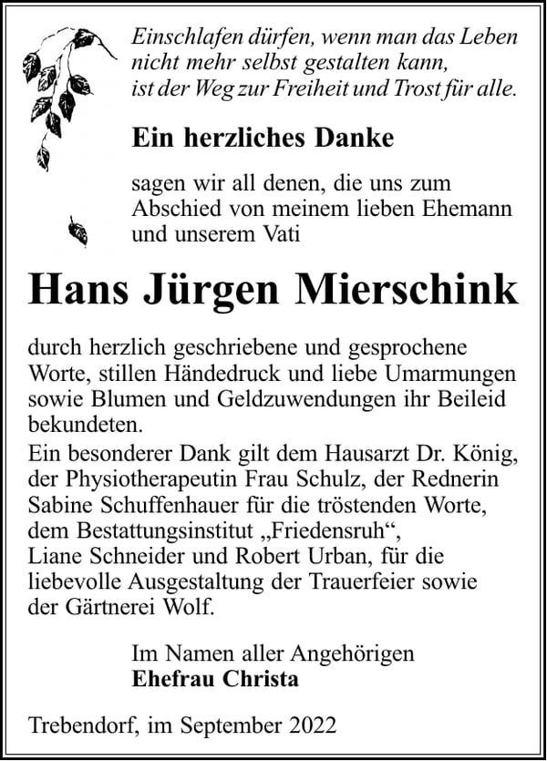 Danksagung Hans Jürgen Mierschink