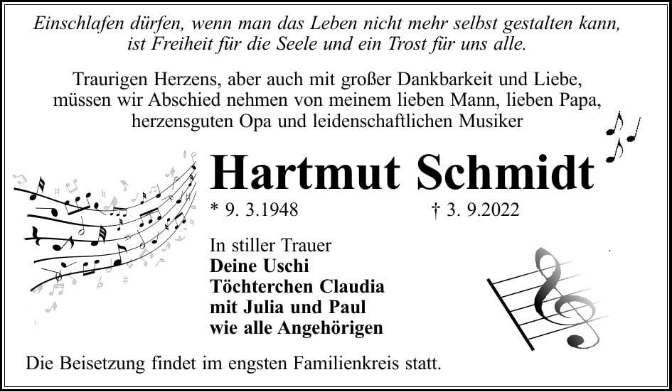 Traueranzeige Hartmut Schmidt