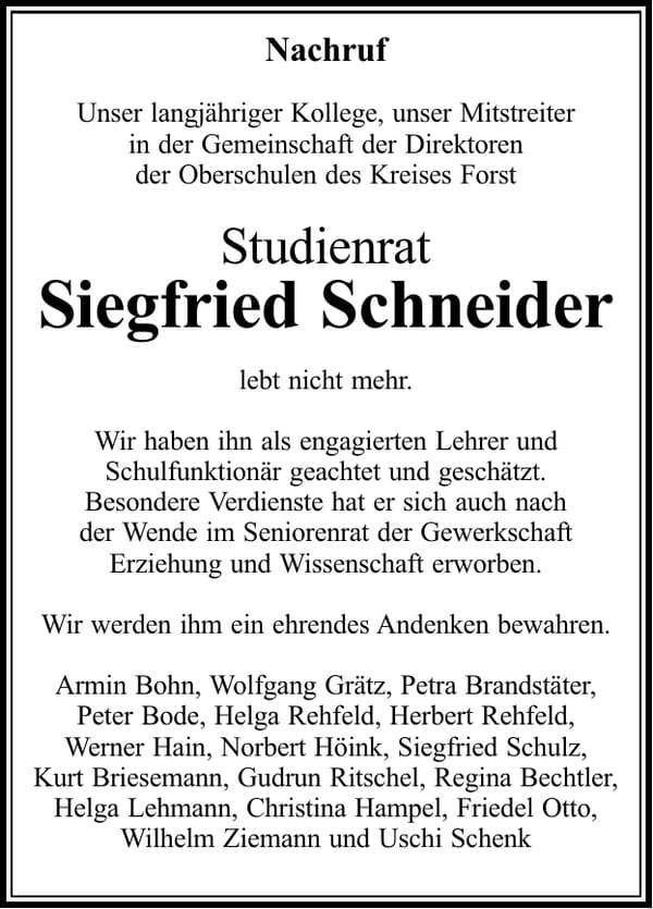Nachruf Siegfried Schneider