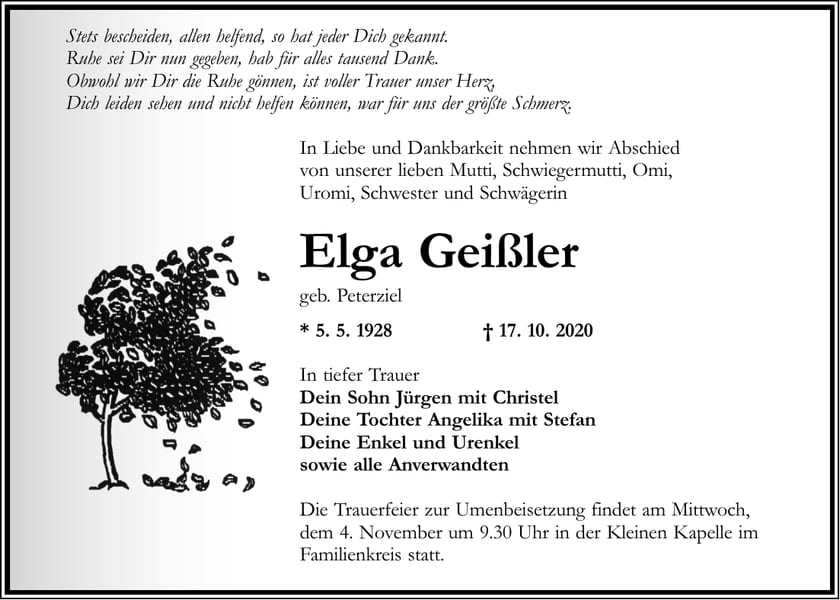 Traueranzeige Elga Geißler, geb. Peterziel