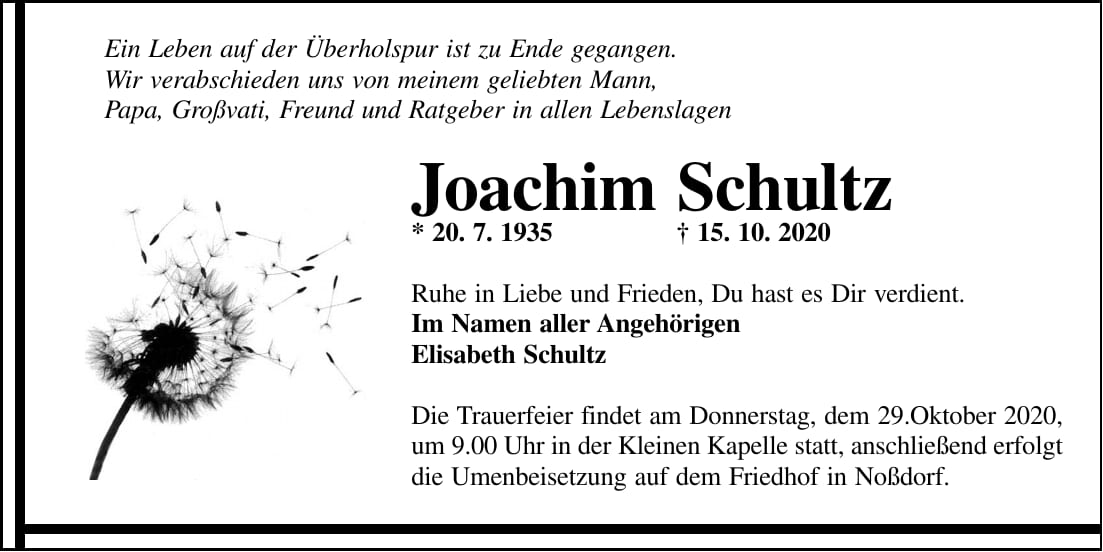 Traueranzeige Joachim Schultz