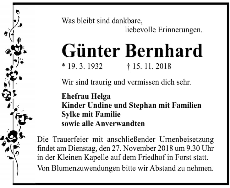 Traueranzeige Günter Bernhard