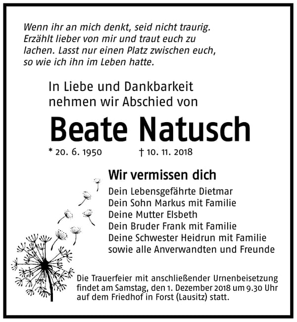 Traueranzeige Beate Natusch