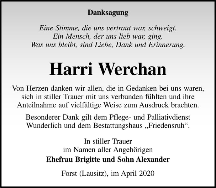 Danksagung Harri Werchan