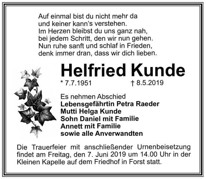 Traueranzeige Helfried Kunde