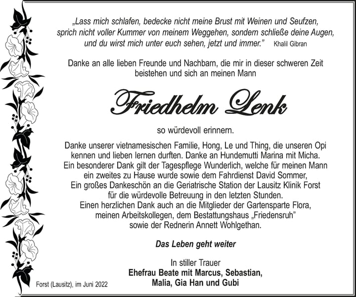 Traueranzeige Friedhelm Lenk