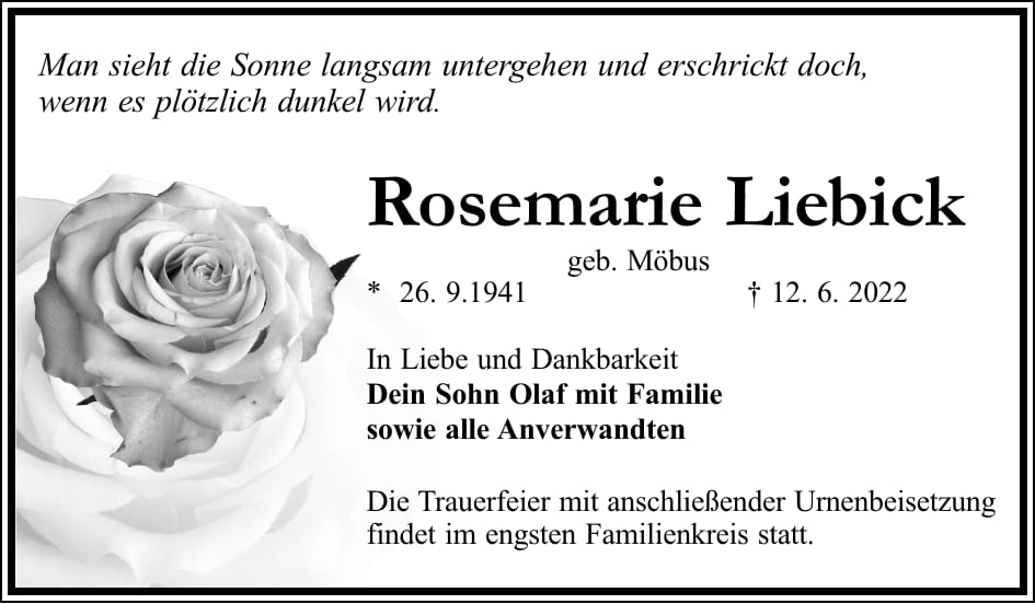 Traueranzeige Rosemarie Liebick, geb. Möbus