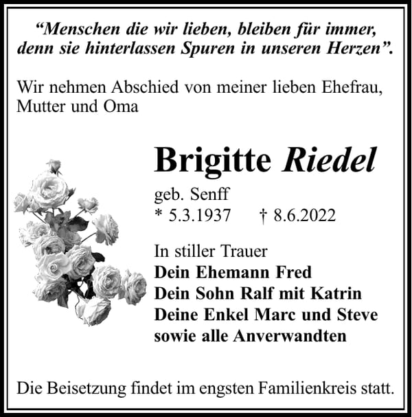 Traueranzeige Brigitte Riedel, geb. Senff