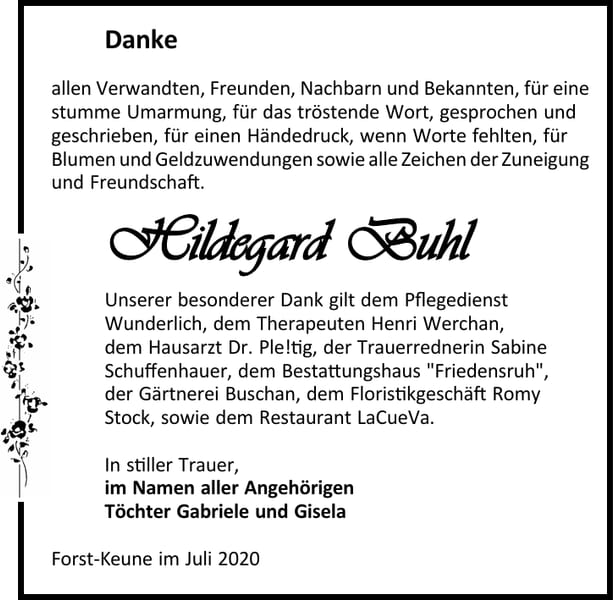 Danksagung Hildegard Buhl