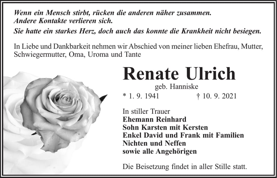Traueranzeige Renate Ulrich, geb. Hanniske