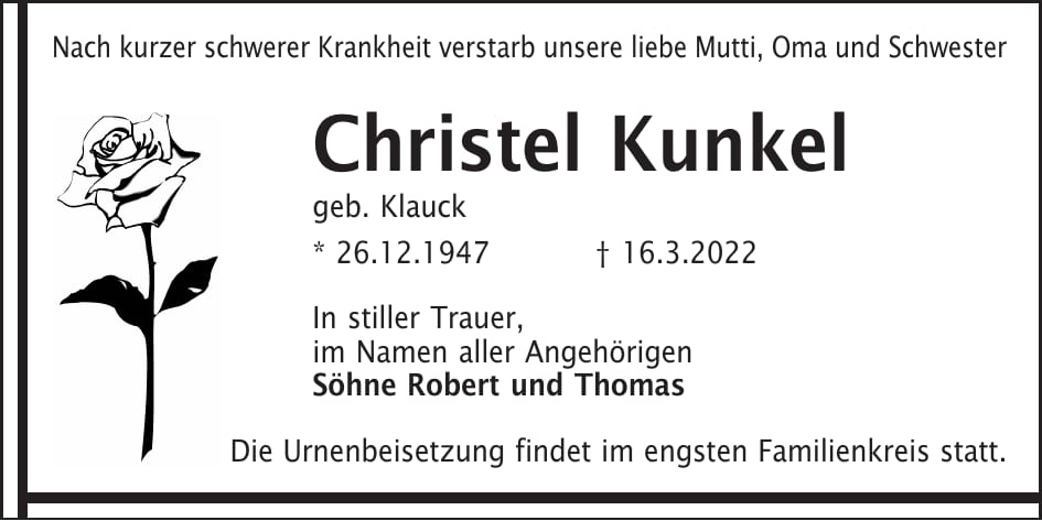 Traueranzeige Christel Kunkel, geb. Klauck