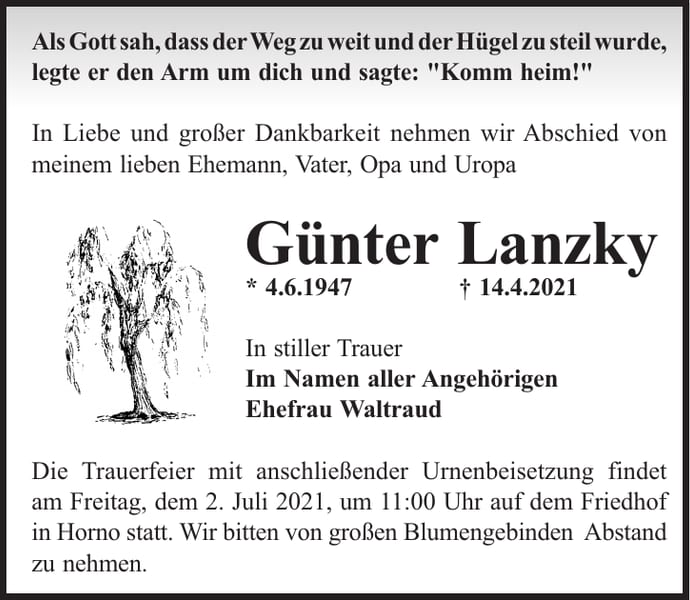 Traueranzeige Günter Lanzky