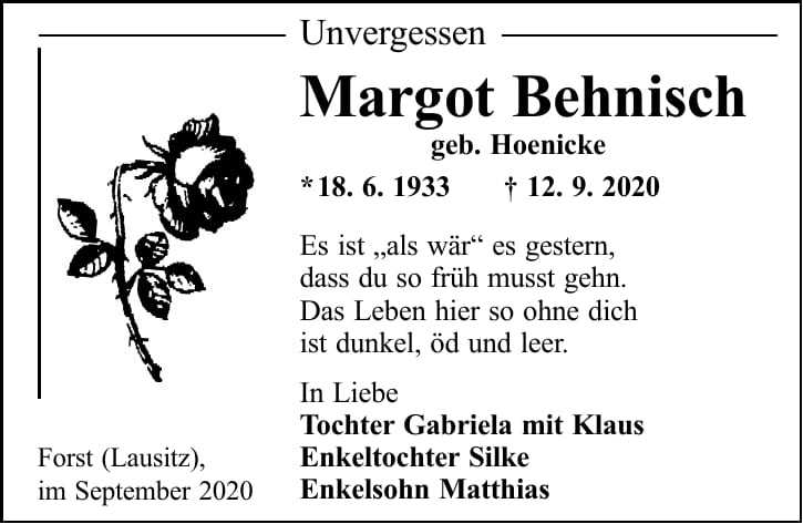 Traueranzeige Margot Behnisch, geb. Hoenicke