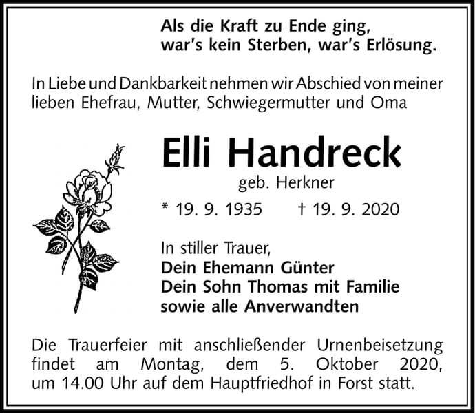 Traueranzeige Elli Handreck, geb. Herkner