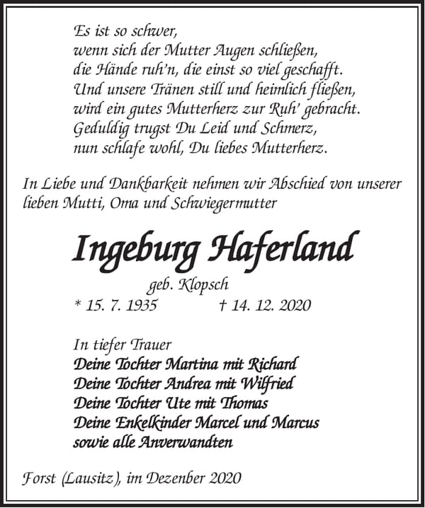 Traueranzeige Ingeburg Haferland, geb. Klopsch