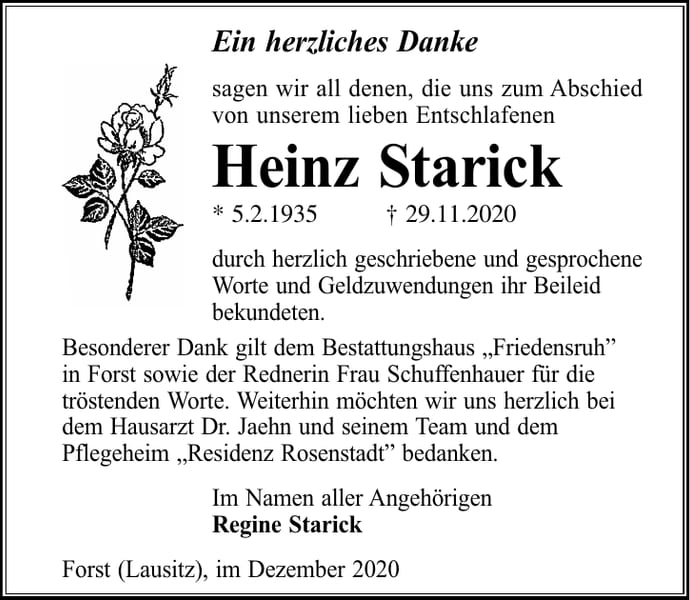 Danksagung Heinz Starick