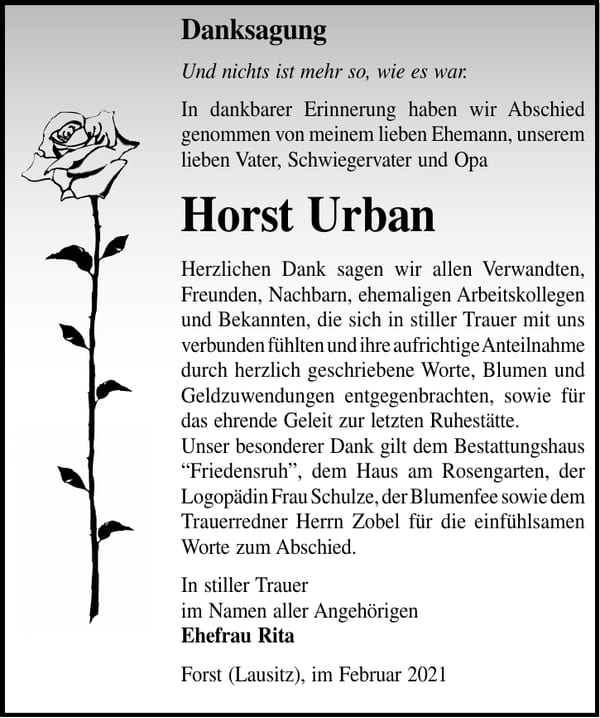 Danksagung Horst Urban