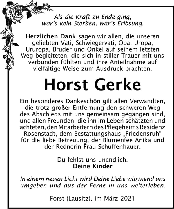 Danksagung Horst Gerke