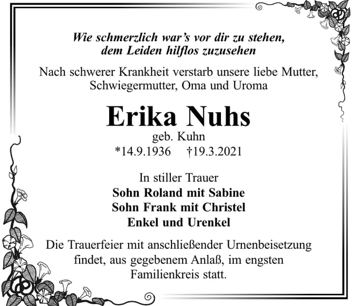 Traueranzeige Erika Nuhs, geb. Kuhn