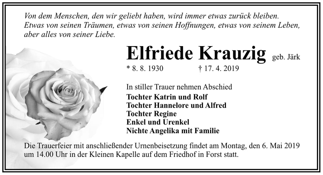 Traueranzeige Elfriede Krauzig, geb. Järk