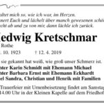 Traueranzeige Hedwig Kretschmar, geb. Rothe