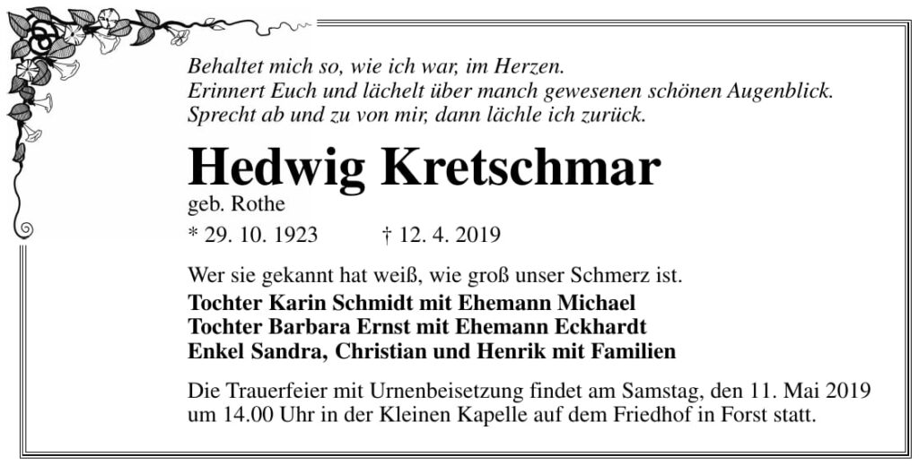 Traueranzeige Hedwig Kretschmar, geb. Rothe