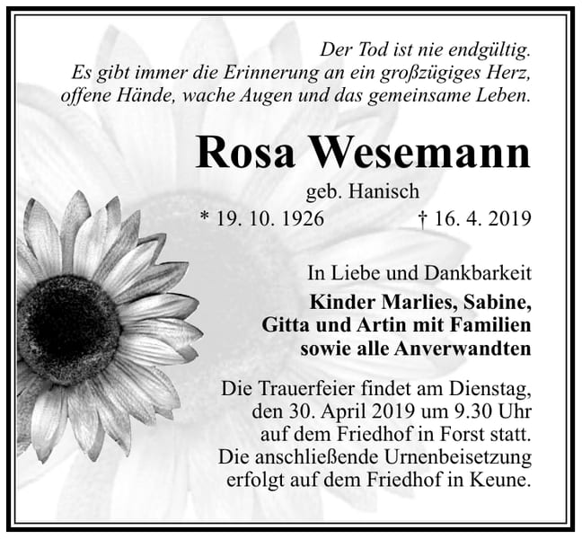 Traueranzeige Rosa Wesemann, geb. Hanisch
