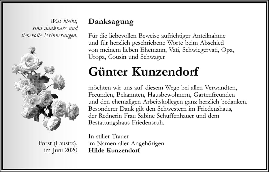 Danksagung Günter Kunzendorf