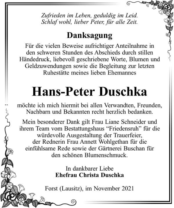 Danksagung Hans-Peter Duschka