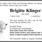 Traueranzeige Brigitte Klinger, geb. Kloß
