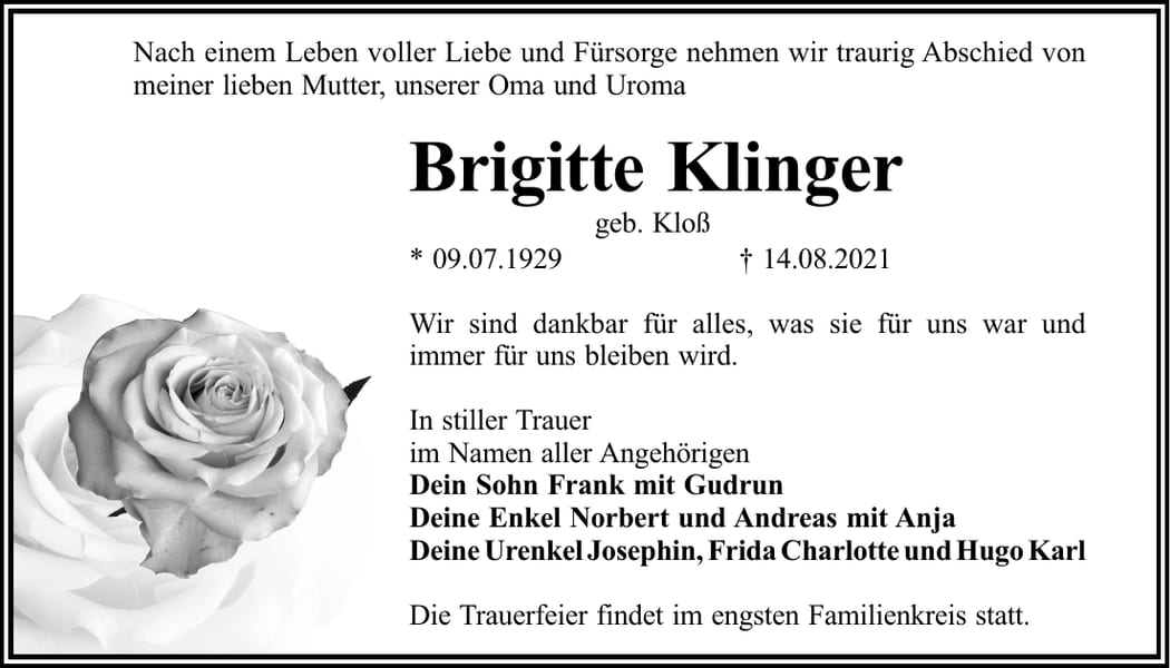 Traueranzeige Brigitte Klinger, geb. Kloß