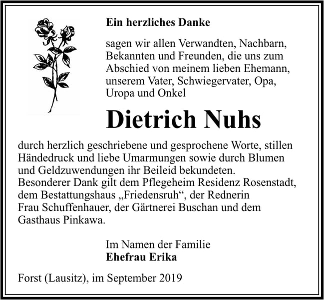 Danksagung Dietrich Nuhs