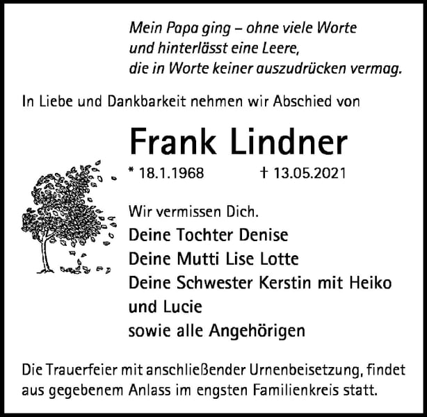 Traueranzeige Frank Lindner