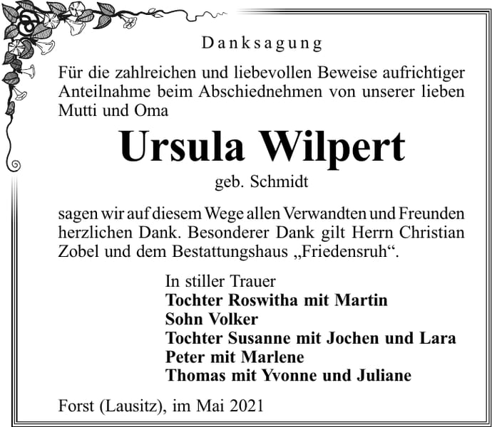 Danksagung Ursula Wilpert, geb. Schmidt