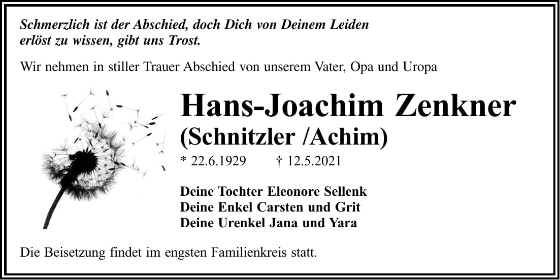 Traueranzeige Hans-Joachim Zenkner