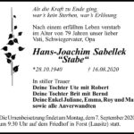 Traueranzeige Hans-Joachim Sabellek „Stabe“
