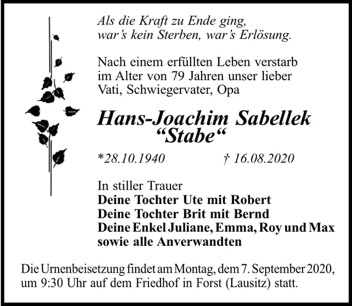 Traueranzeige Hans-Joachim Sabellek „Stabe“