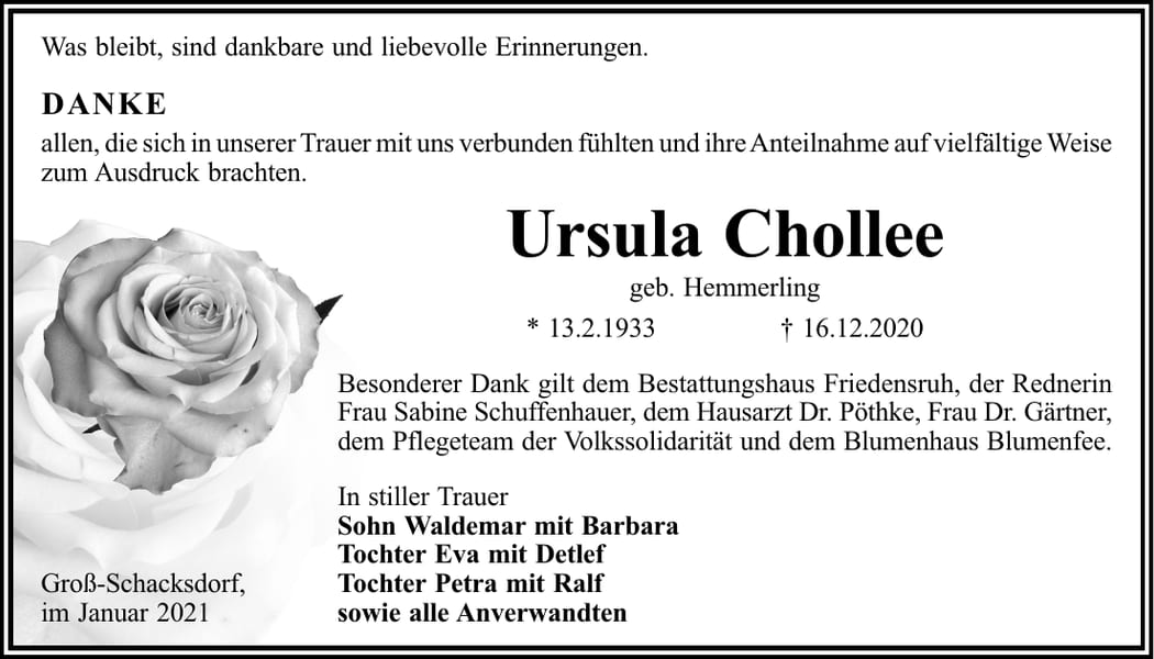 Danksagung Ursula Chollee, geb. Hemmerling
