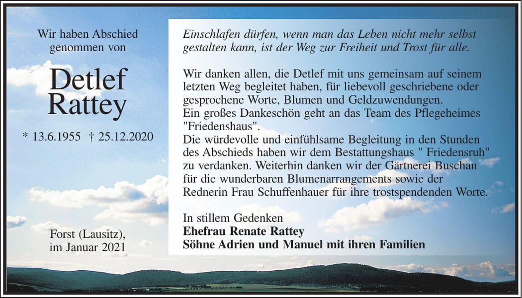 Traueranzeige Detlef Rattey