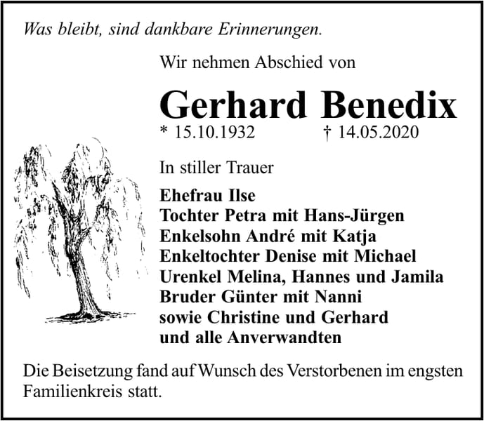 Traueranzeige Gerhard Benedix