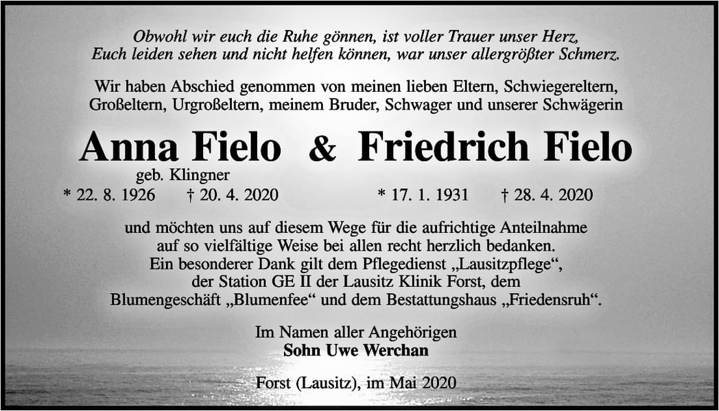 Traueranzeige Anna Fielo, geb. Klingner