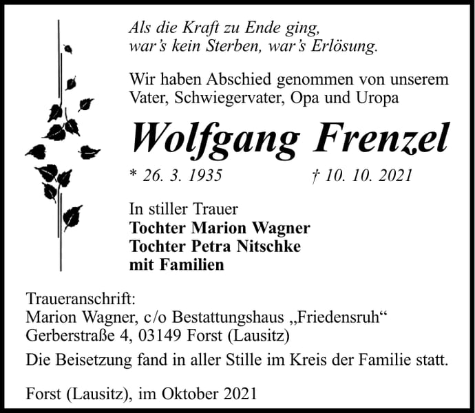 Traueranzeige Wolfgang Frenzel