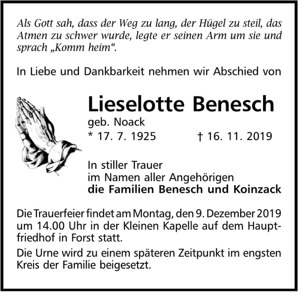Traueranzeige Lieselotte Benesch, geb. Noack