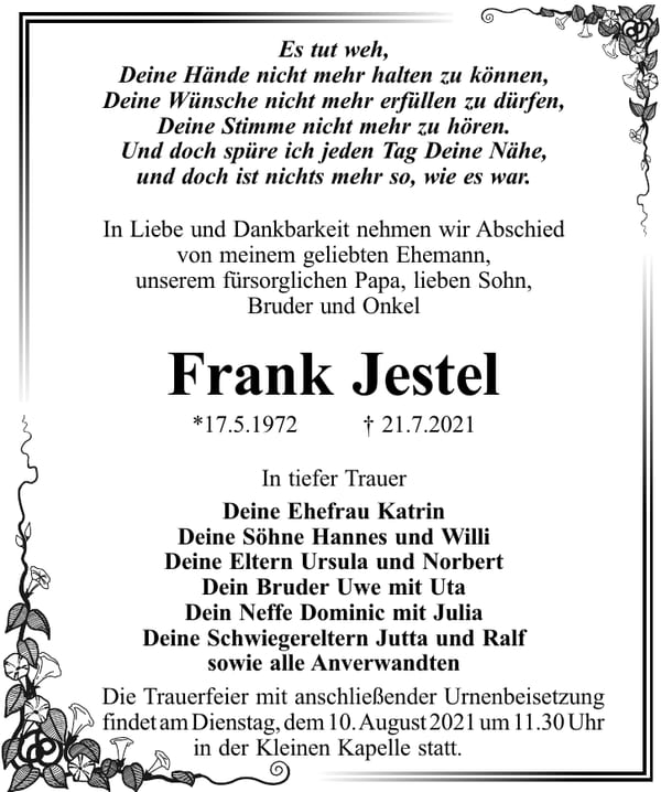 Traueranzeige Frank Jestel