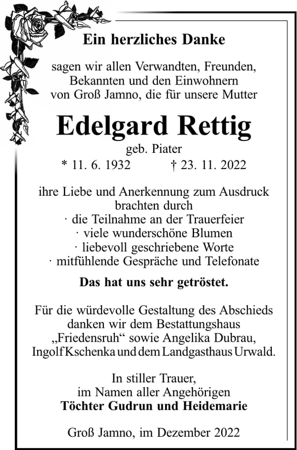 Danksagung Edelgard Rettig, geb. Piater