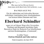 Traueranzeige Eberhard Schindler