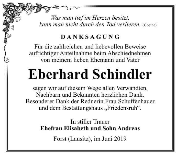 Traueranzeige Eberhard Schindler