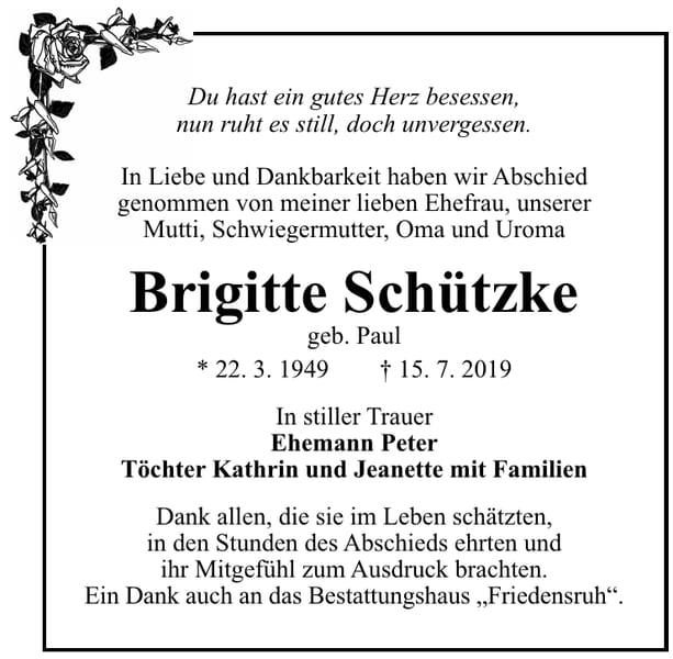 Traueranzeige Brigitte Schützke, geb. Paul