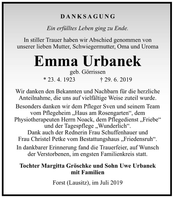 Traueranzeige Emma Urbanek, geb. Görrissen