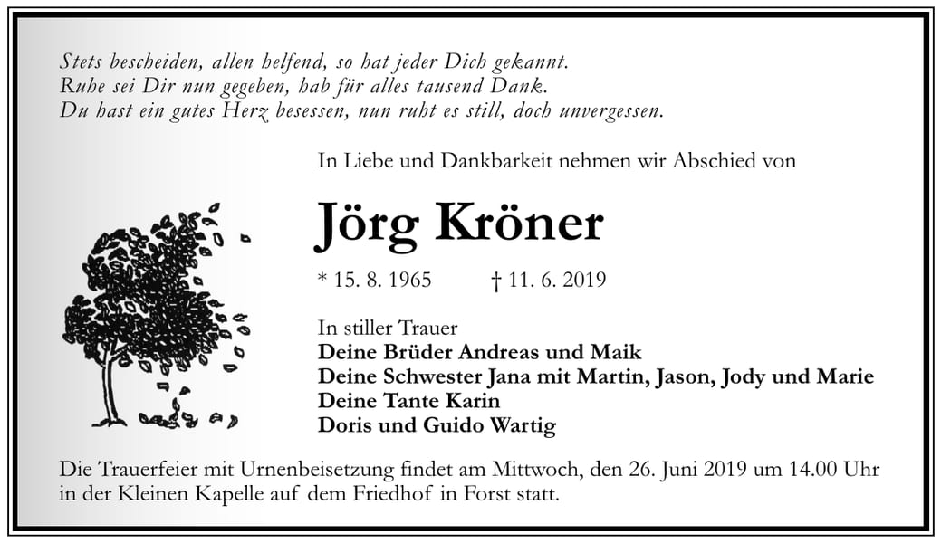 Traueranzeige Jörg Kröner